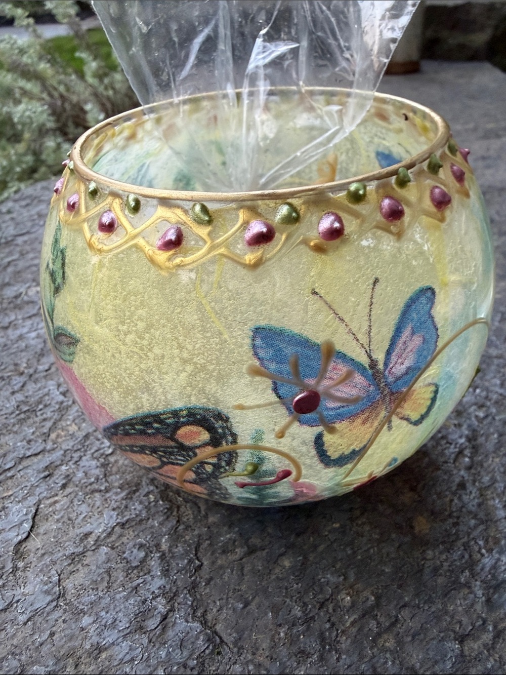 Hand-Painted Butterfly Glass Tea Light Holder in Blue, Pink and Gold - Picture 7 of 16